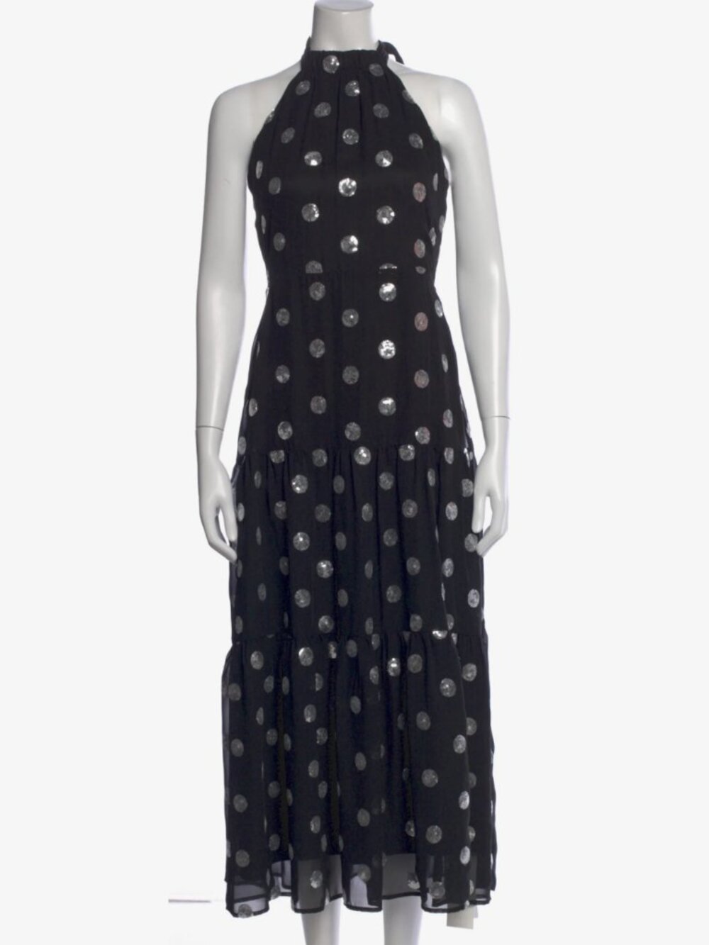 NWT MILLY "Venice Dot" Sequin Halter Tiered Maxi Dress Size 2 Black